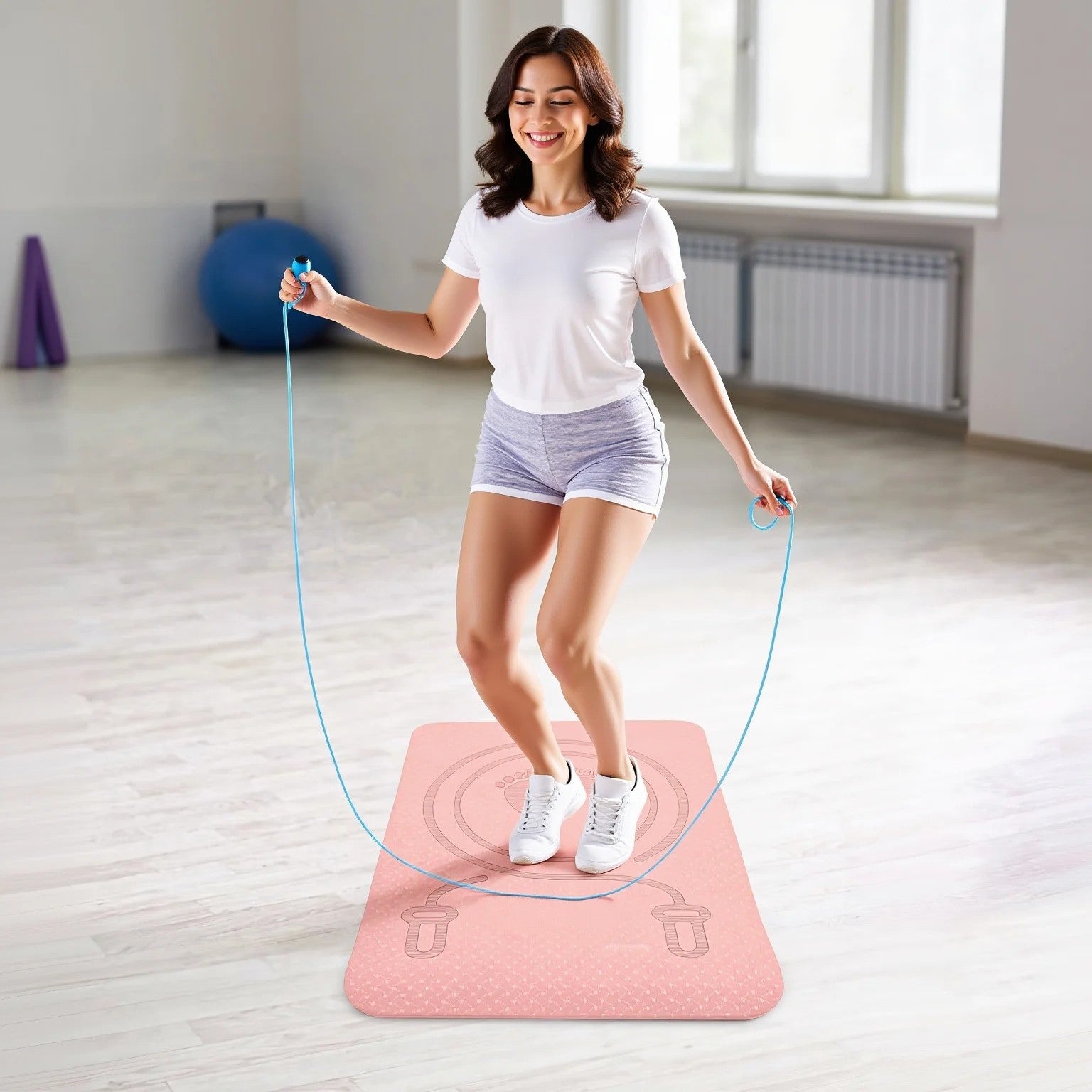 Corde a sauter sur tapis gym rose