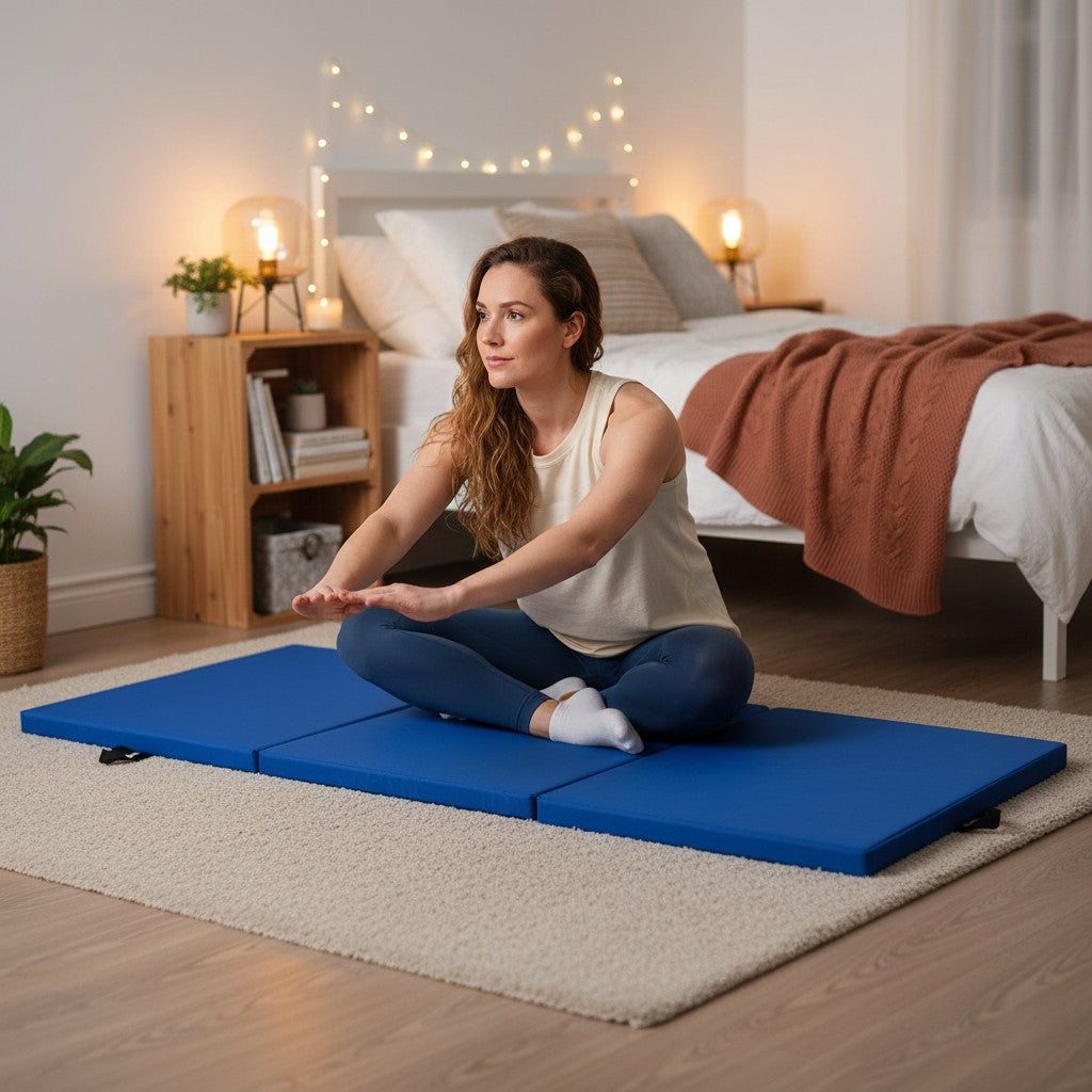 Femme assise sur tapis gym pliable