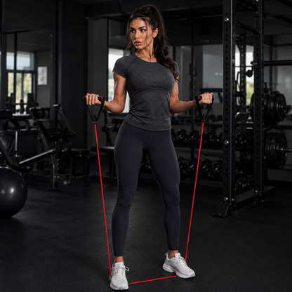 Femme au gym exercice avec bande elastique