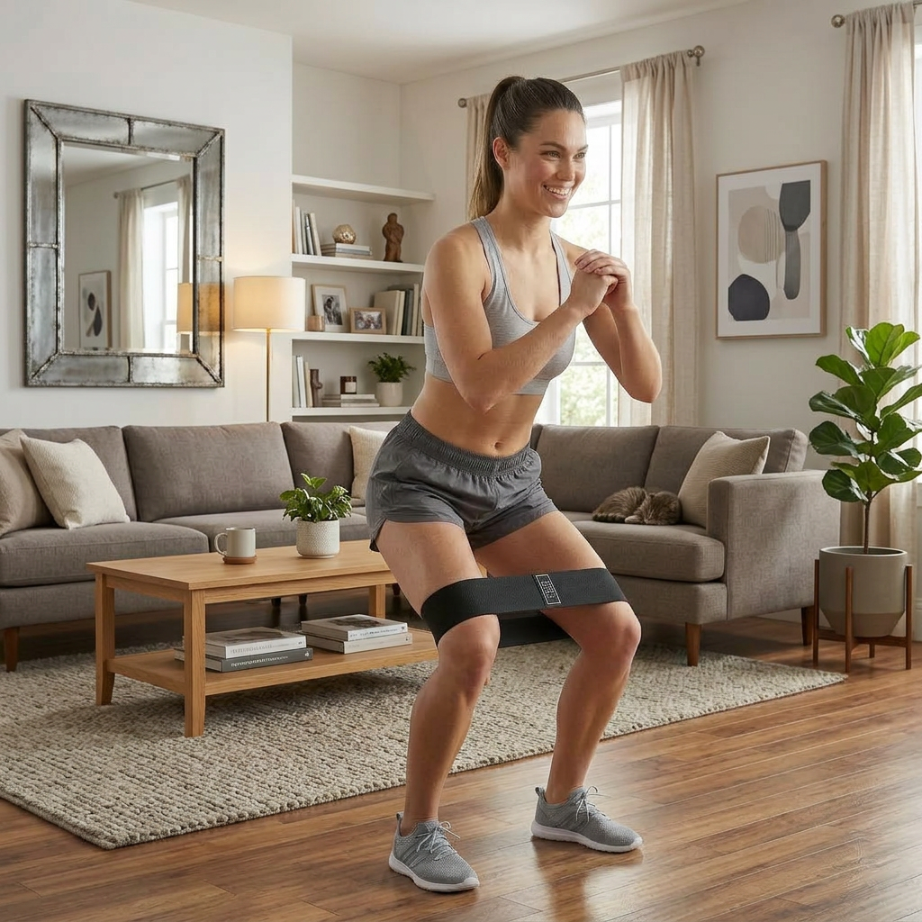 Femme faisant un squat avec elastique musculation noir