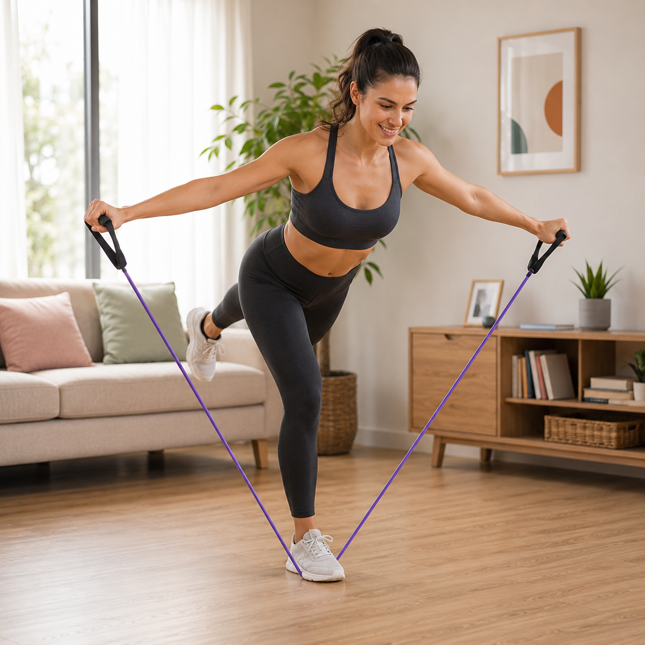 Femme s'entraine avec bande élastique 