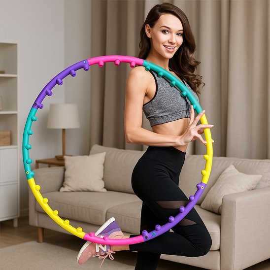 Femme souriante portant un hula hoop coloré sur son épaule dans une salle de sport