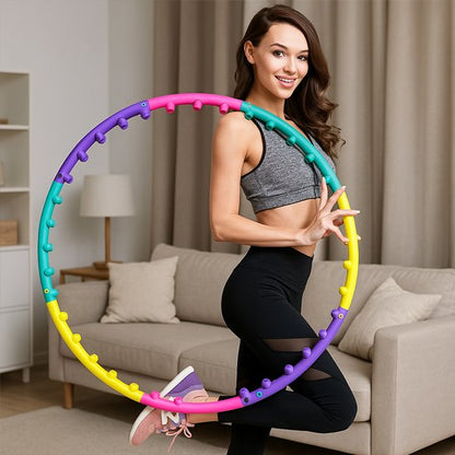 Femme souriante portant un hula hoop coloré sur son épaule dans une salle de sport
