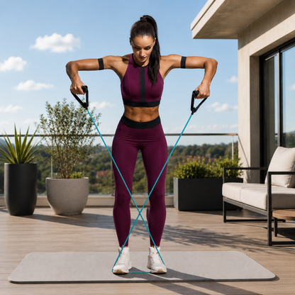 Femme utilise bande élastique pour exercice