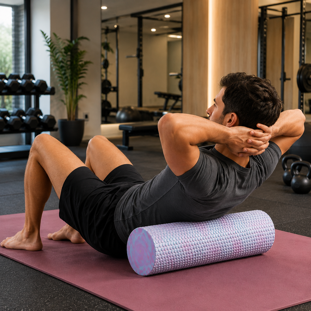Homme masse son dos avec rouleau de massage