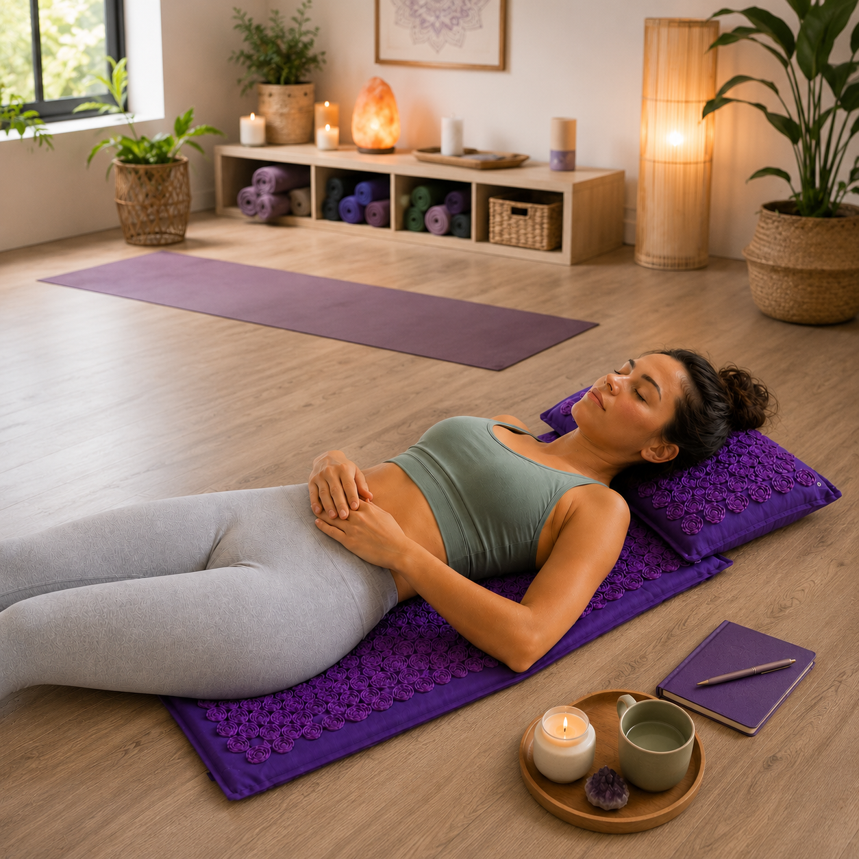 Relaxation sur tapis d'acupression apres cour de yoga