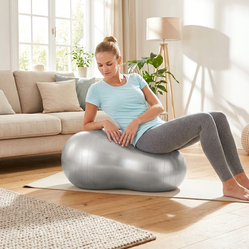 Swiss Ball cacahuete femme en exercice avec ballon gris