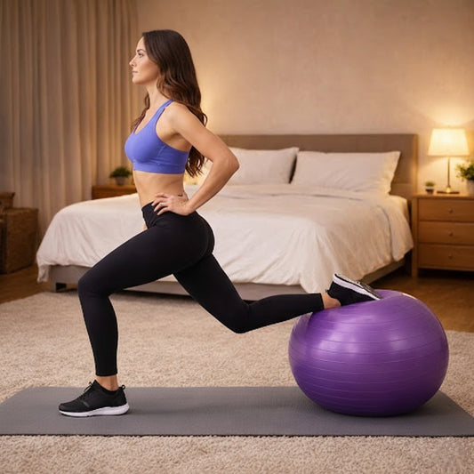 Swiss ball violet femme dans sa chambre