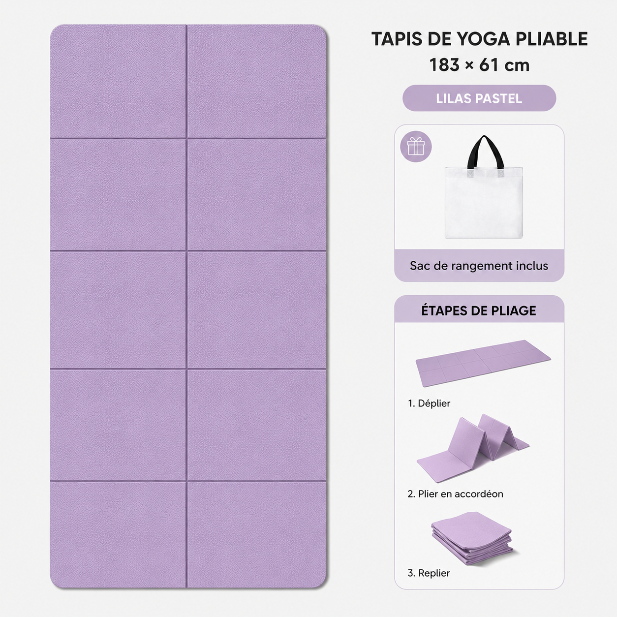 Tapis de yoga pliable lilas pastel