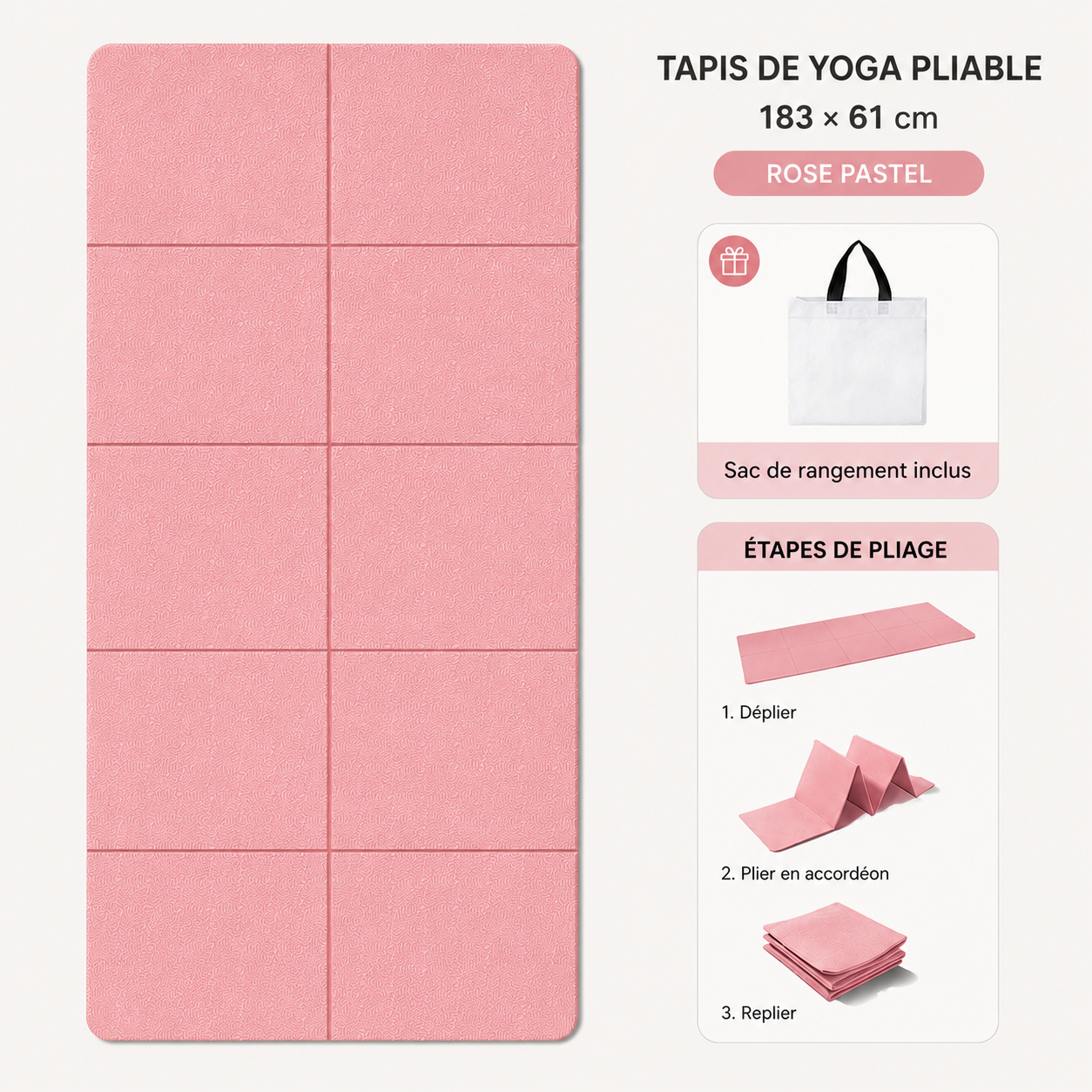 Tapis de yoga pliable rose pastel