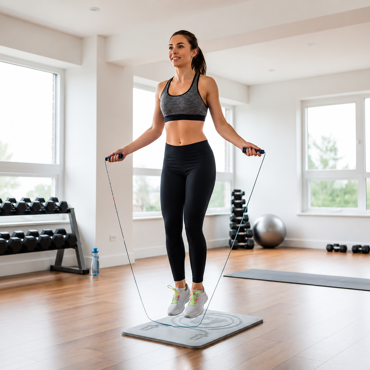 corde a saute sur tapis de gym