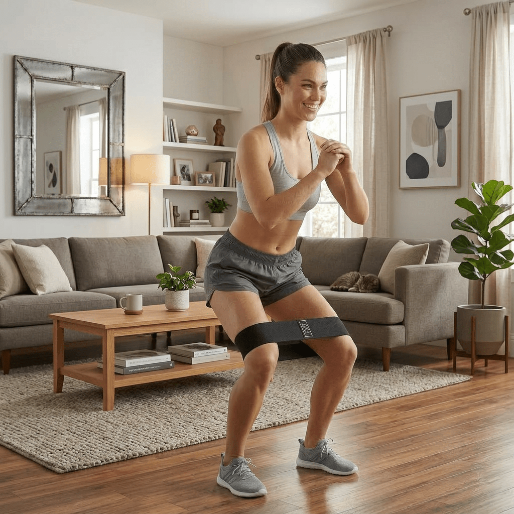 Femme faisant un squat avec elastique musculation noir