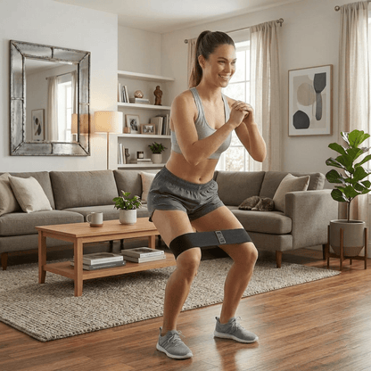 Femme faisant un squat avec elastique musculation noir