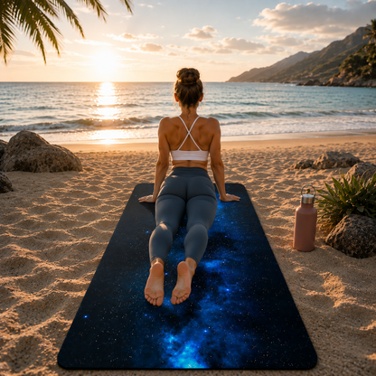 femme fait yoga devant la plage sur tapis de yoga de voyage 1 mm