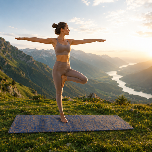 femme fait yoga sur Tapis en Jute Biodégradable