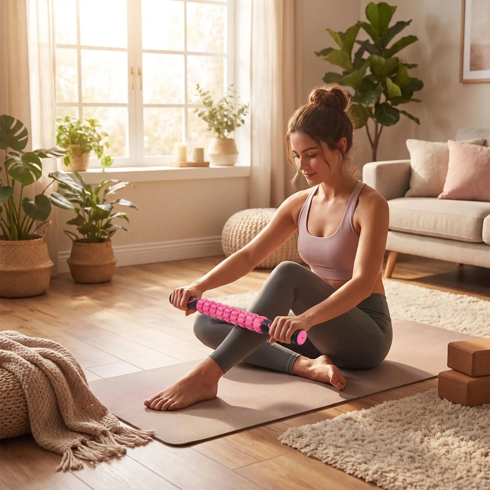 femme utilise rouleau de massage