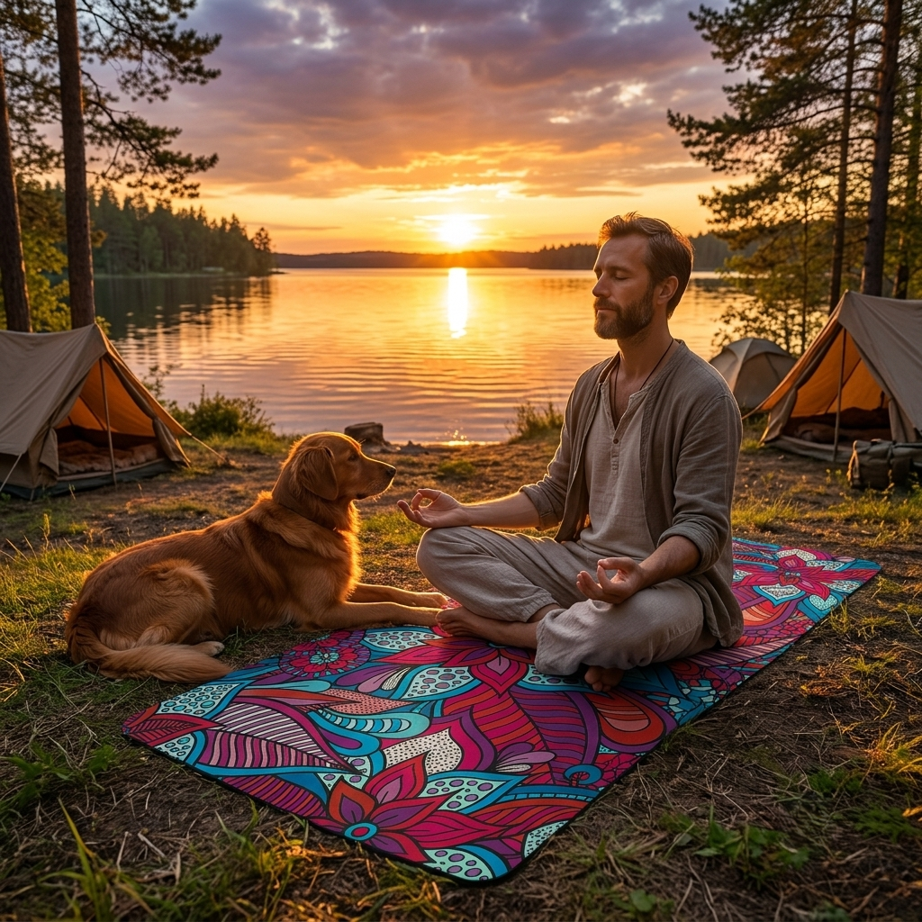 homme médite devant le lac sur tapis de yoga de voyage 1 mm