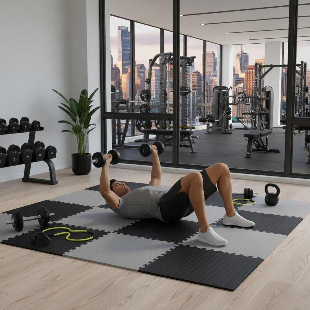 musculation sur tapis de sport noir et gris