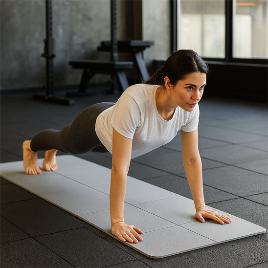 planche sur tapis yoga gris