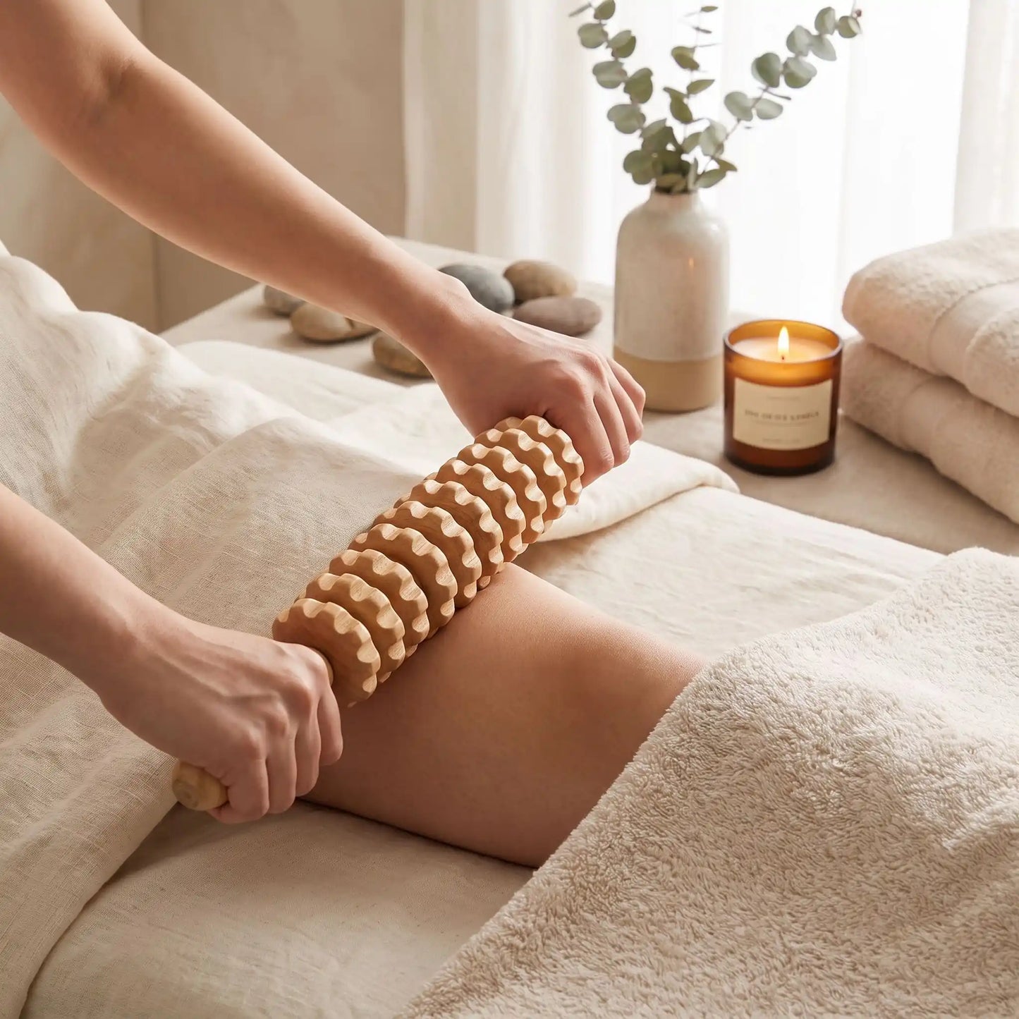 rouleau de massage  en bois naturel moment de détente