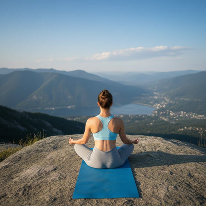 tapis de sport bleu exercice dans montagne
