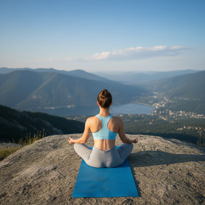 tapis de sport bleu exercice dans montagne